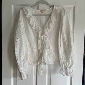 Embroidered White Eyelet Ruffle Tie-Front Blouse